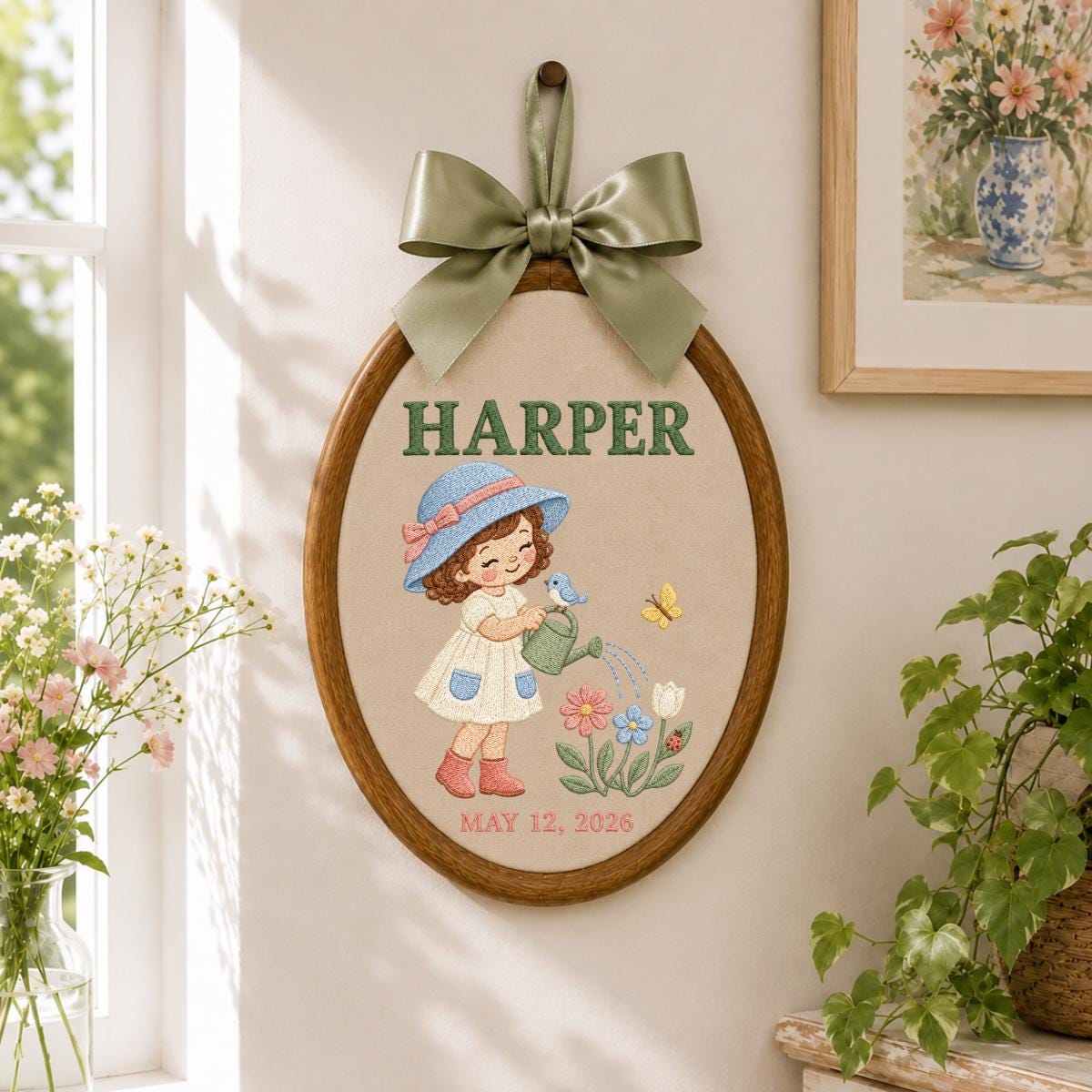Personalized Harper Girl Gardening Wall Hanging Embroidered Oval Hoop Decor Watering Flowers Nursery Room Gift Butterfly Garden Keepsake
