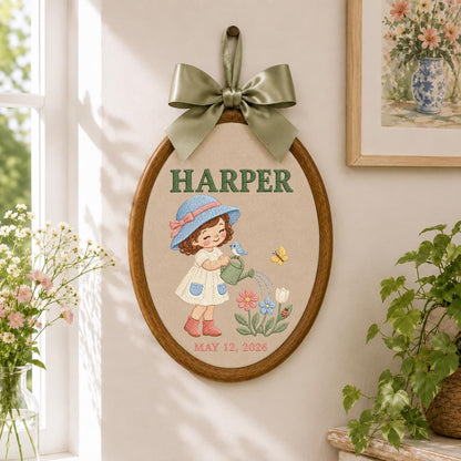 Personalized Harper Girl Gardening Wall Hanging Embroidered Oval Hoop Decor Watering Flowers Nursery Room Gift Butterfly Garden Keepsake