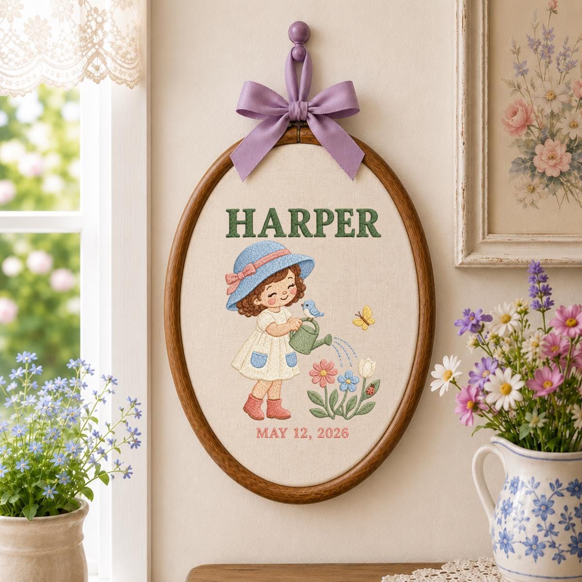 Personalized Harper Girl Gardening Wall Hanging Embroidered Oval Hoop Decor Watering Flowers Nursery Room Gift Butterfly Garden Keepsake