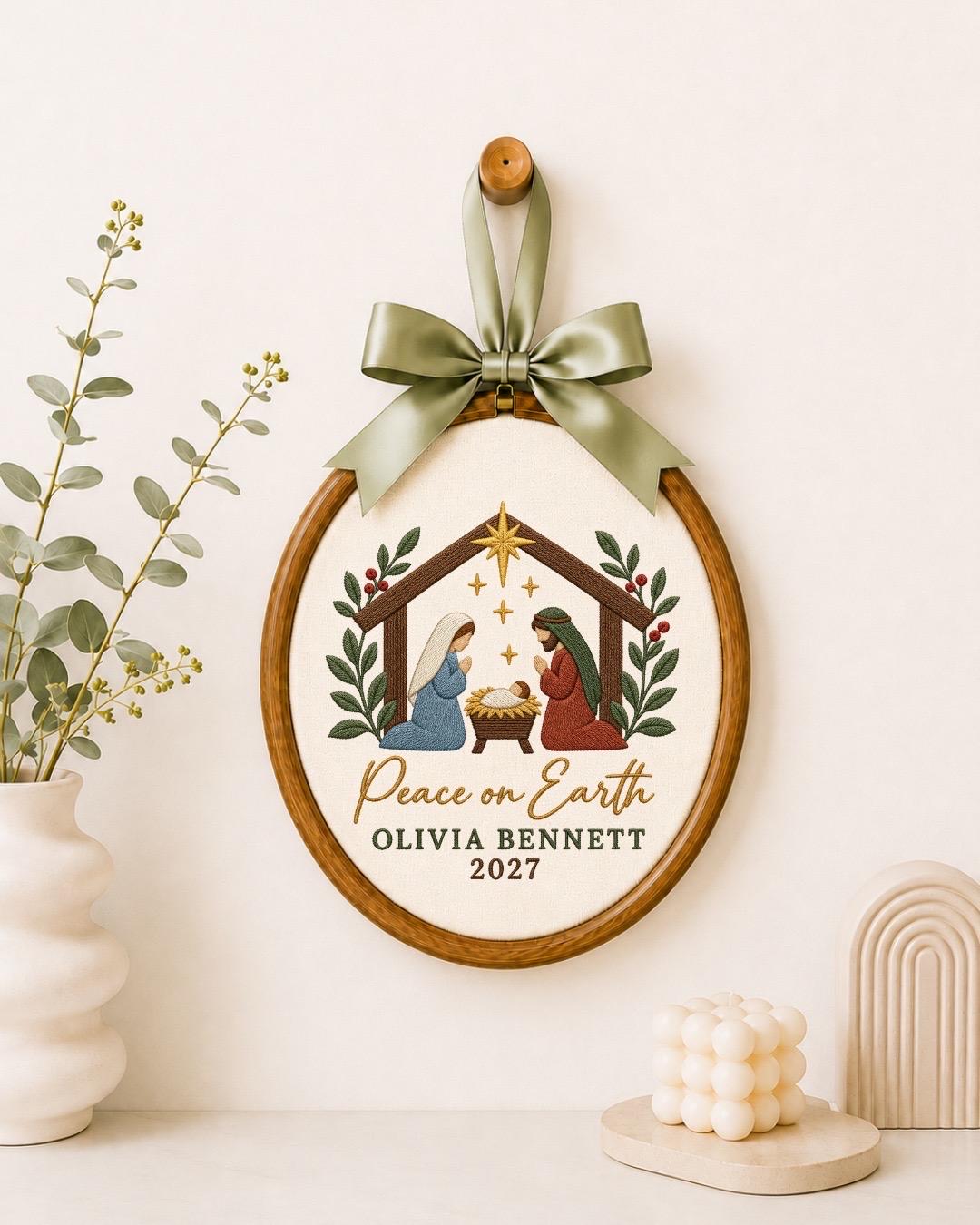Personalized Nativity Christmas Embroidered Ornament, Custom Name Peace on Earth Decor, Religious Christmas Gift, Christian Keepsake