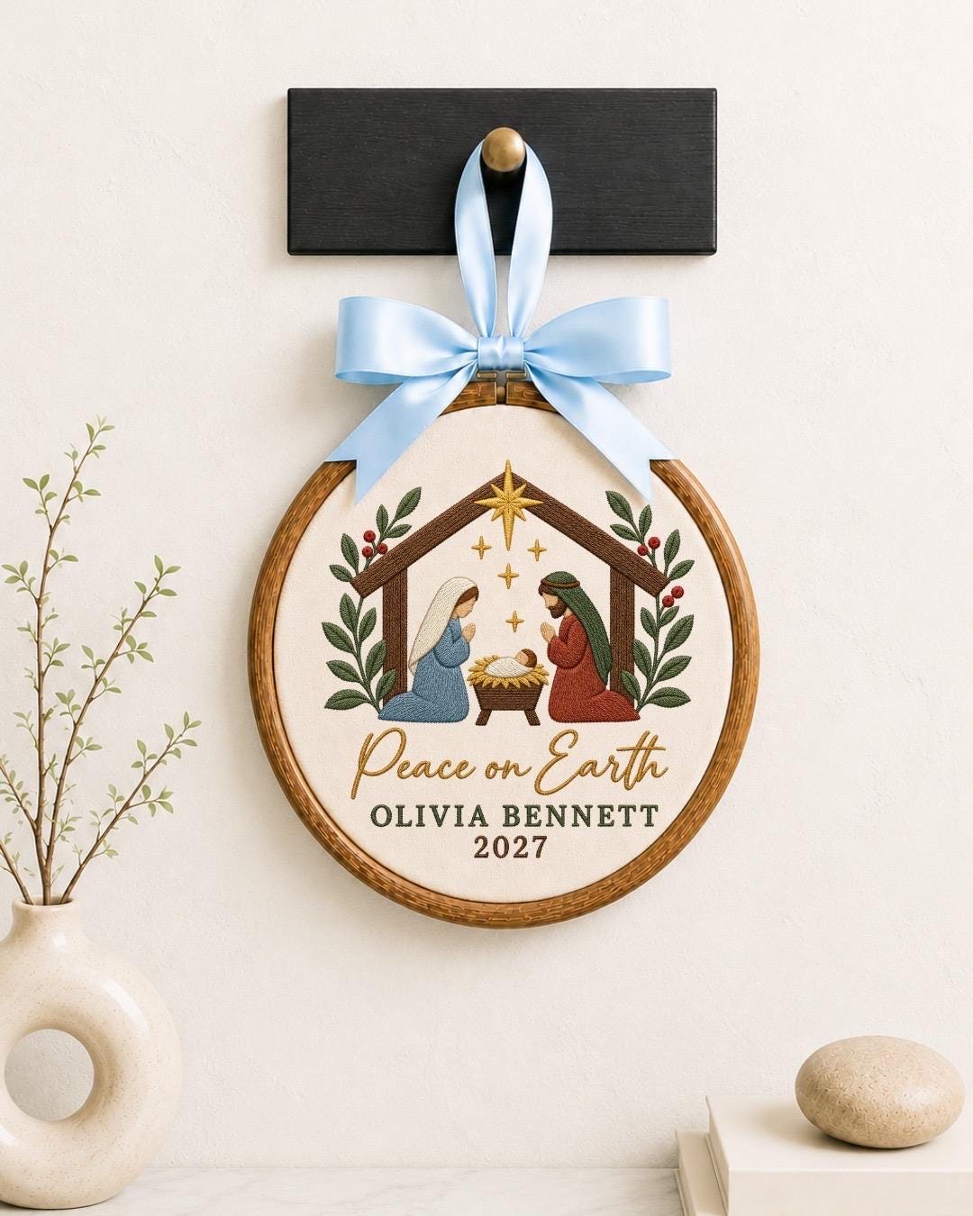 Personalized Nativity Christmas Embroidered Ornament, Custom Name Peace on Earth Decor, Religious Christmas Gift, Christian Keepsake