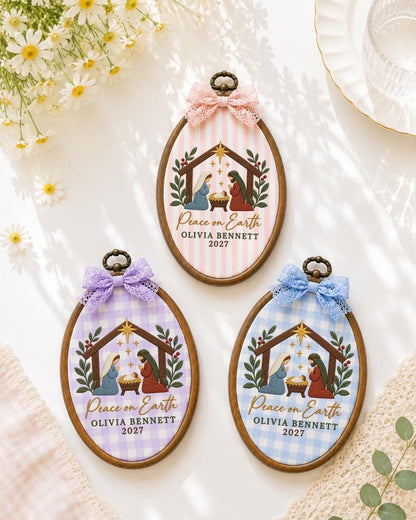 Personalized Nativity Christmas Embroidered Ornament, Custom Name Peace on Earth Decor, Religious Christmas Gift, Christian Keepsake