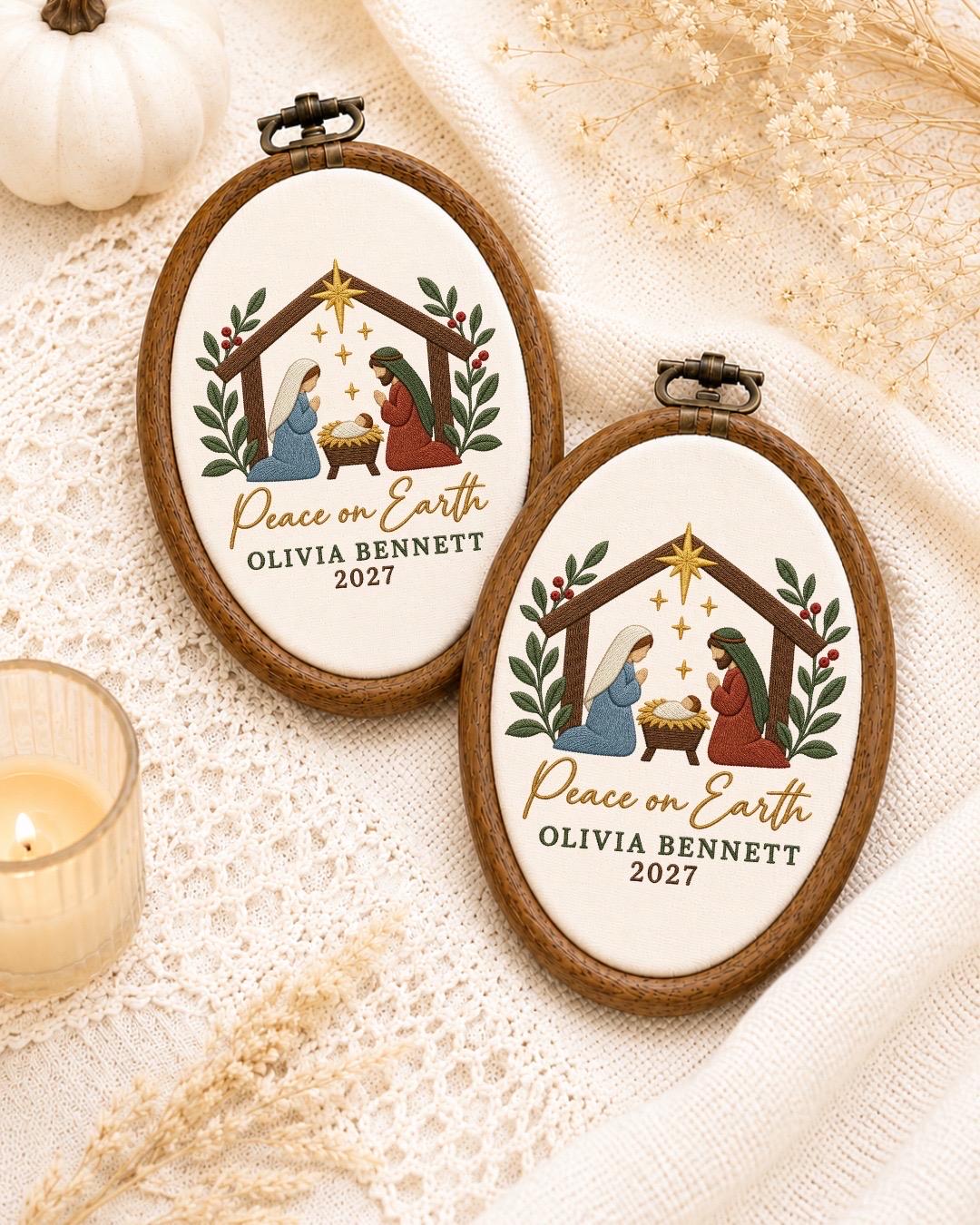 Personalized Nativity Christmas Embroidered Ornament, Custom Name Peace on Earth Decor, Religious Christmas Gift, Christian Keepsake