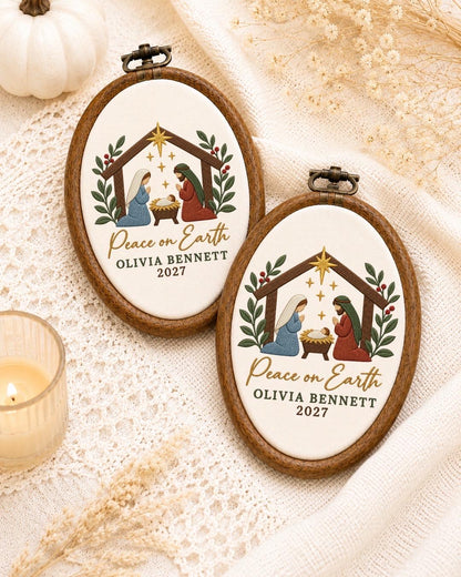 Personalized Nativity Christmas Embroidered Ornament, Custom Name Peace on Earth Decor, Religious Christmas Gift, Christian Keepsake
