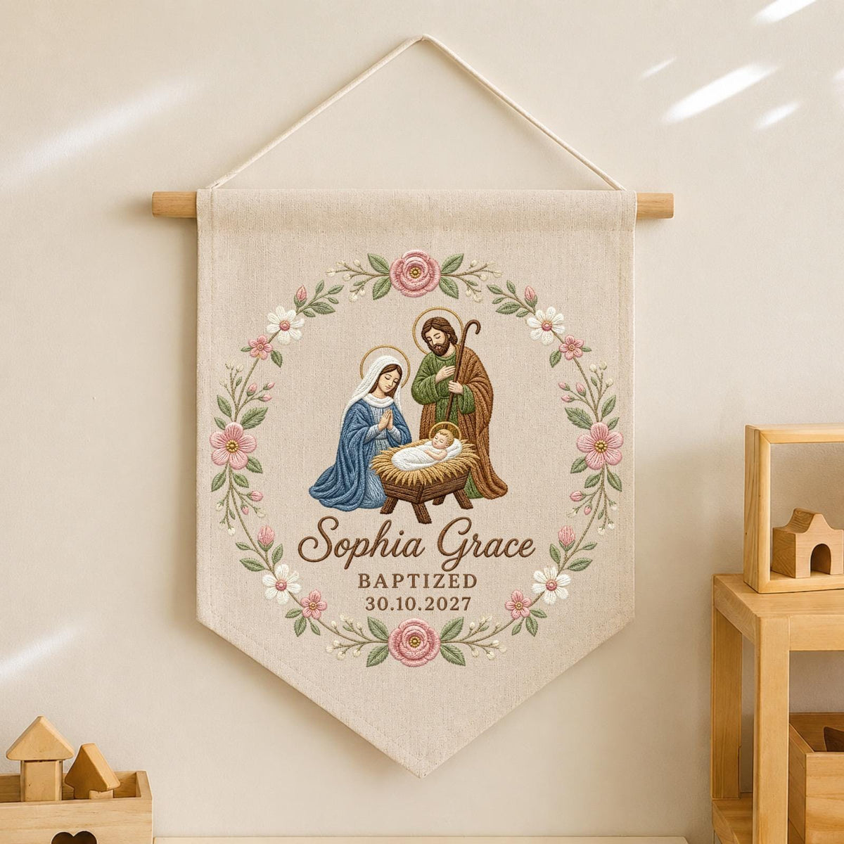 Personalized Baptism Embroidered Banner, Holy Family Wall Hanging, Custom Christening Name Sign, Catholic Baby Baptism Gift