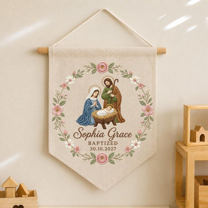 Personalized Baptism Embroidered Banner, Holy Family Wall Hanging, Custom Christening Name Sign, Catholic Baby Baptism Gift