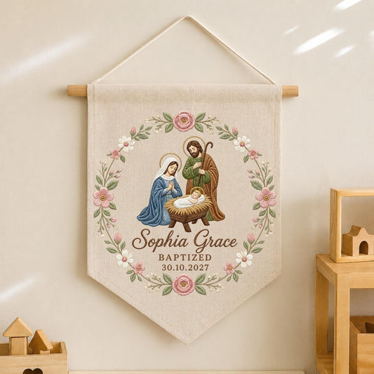 Personalized Baptism Embroidered Banner, Holy Family Wall Hanging, Custom Christening Name Sign, Catholic Baby Baptism Gift