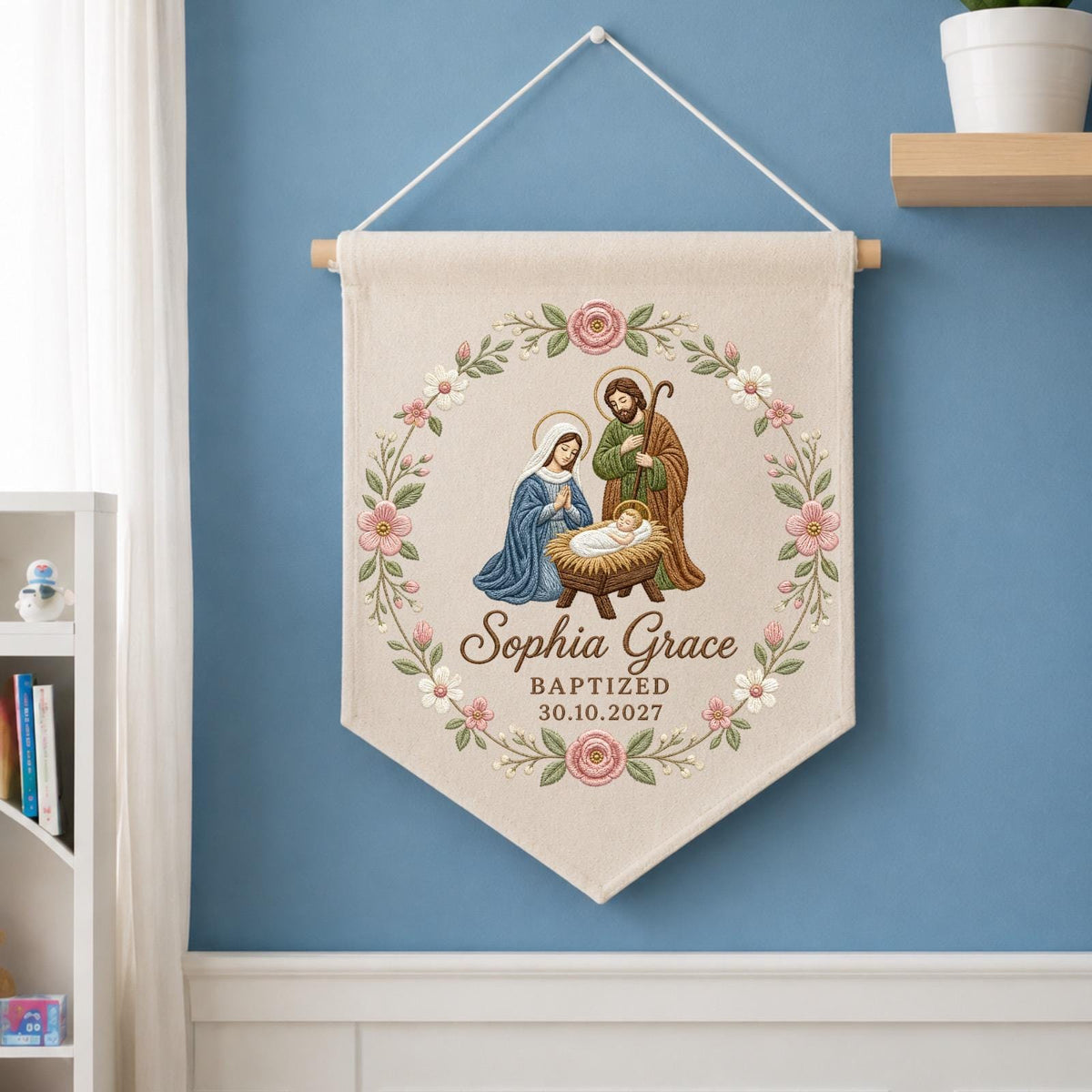 Personalized Baptism Embroidered Banner, Holy Family Wall Hanging, Custom Christening Name Sign, Catholic Baby Baptism Gift