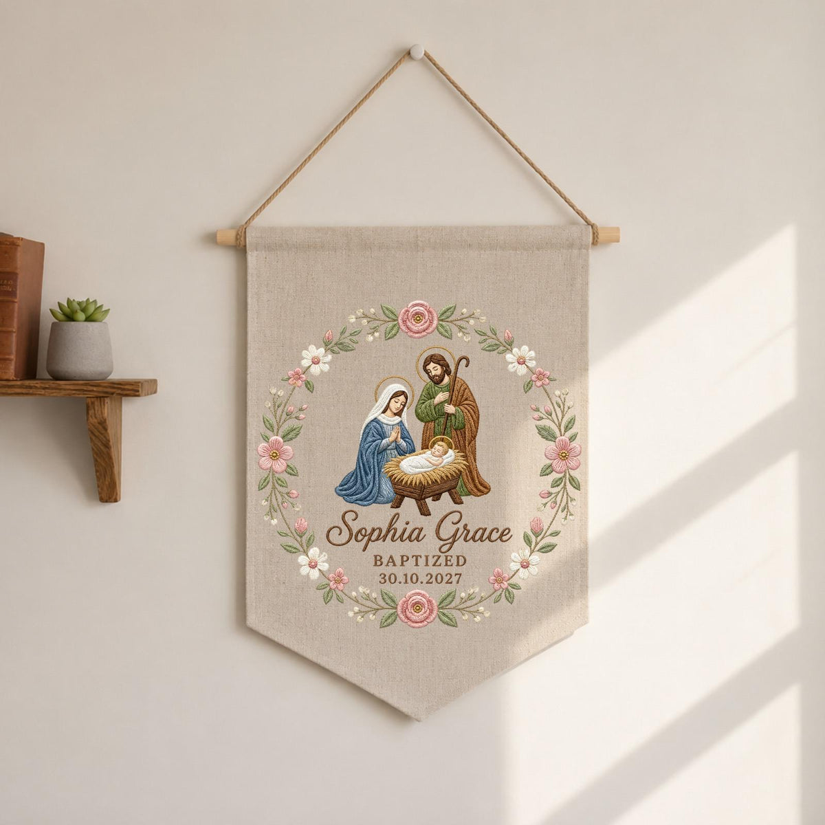Personalized Baptism Embroidered Banner, Holy Family Wall Hanging, Custom Christening Name Sign, Catholic Baby Baptism Gift