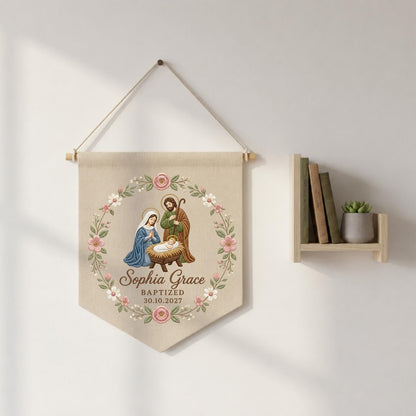 Personalized Baptism Embroidered Banner, Holy Family Wall Hanging, Custom Christening Name Sign, Catholic Baby Baptism Gift