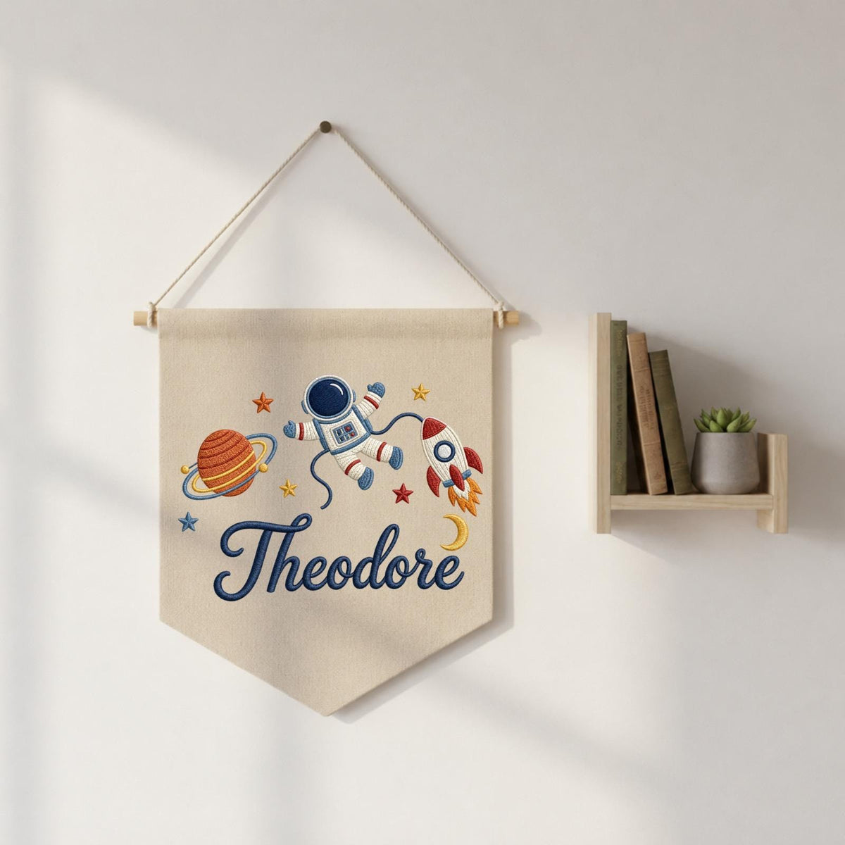 Personalized Space Embroidered Baby Name Banner, Astronaut Nursery Wall Hanging, Rocket Baby Boy Name Sign, Space Nursery Decor Gift