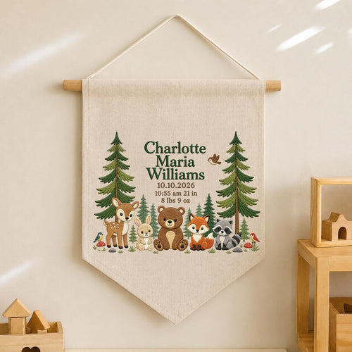 Personalized Woodland Birth Announcement Embroidered Banner, Forest Animal Baby Name Sign, Custom Nursery Wall Hanging, Newborn Gift