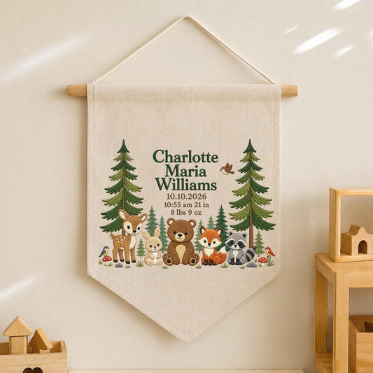 Personalized Woodland Birth Announcement Embroidered Banner, Forest Animal Baby Name Sign, Custom Nursery Wall Hanging, Newborn Gift