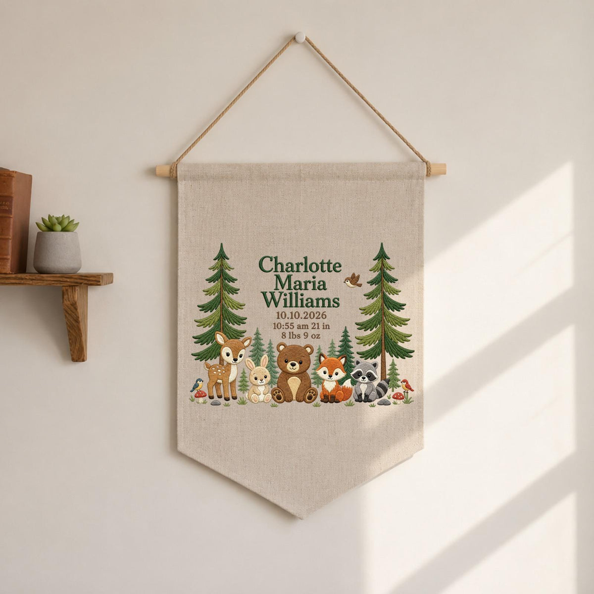 Personalized Woodland Birth Announcement Embroidered Banner, Forest Animal Baby Name Sign, Custom Nursery Wall Hanging, Newborn Gift