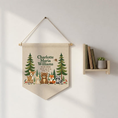 Personalized Woodland Birth Announcement Embroidered Banner, Forest Animal Baby Name Sign, Custom Nursery Wall Hanging, Newborn Gift