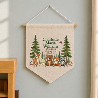 Personalized Woodland Birth Announcement Embroidered Banner, Forest Animal Baby Name Sign, Custom Nursery Wall Hanging, Newborn Gift