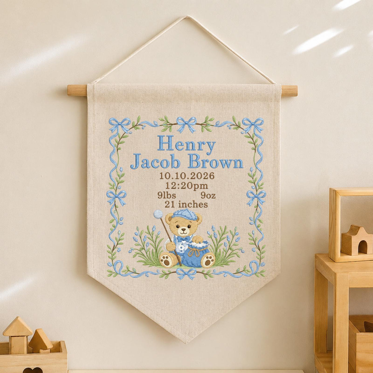 Personalized Teddy Bear Birth Announcement Embroidered Banner, Baby Boy Name Sign, Blue Nursery Wall Decor, Custom Newborn Keepsake Gift