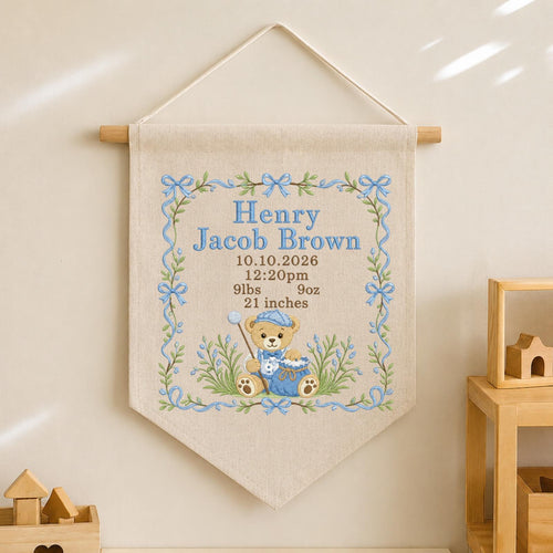Personalized Teddy Bear Birth Announcement Embroidered Banner, Baby Boy Name Sign, Blue Nursery Wall Decor, Custom Newborn Keepsake Gift