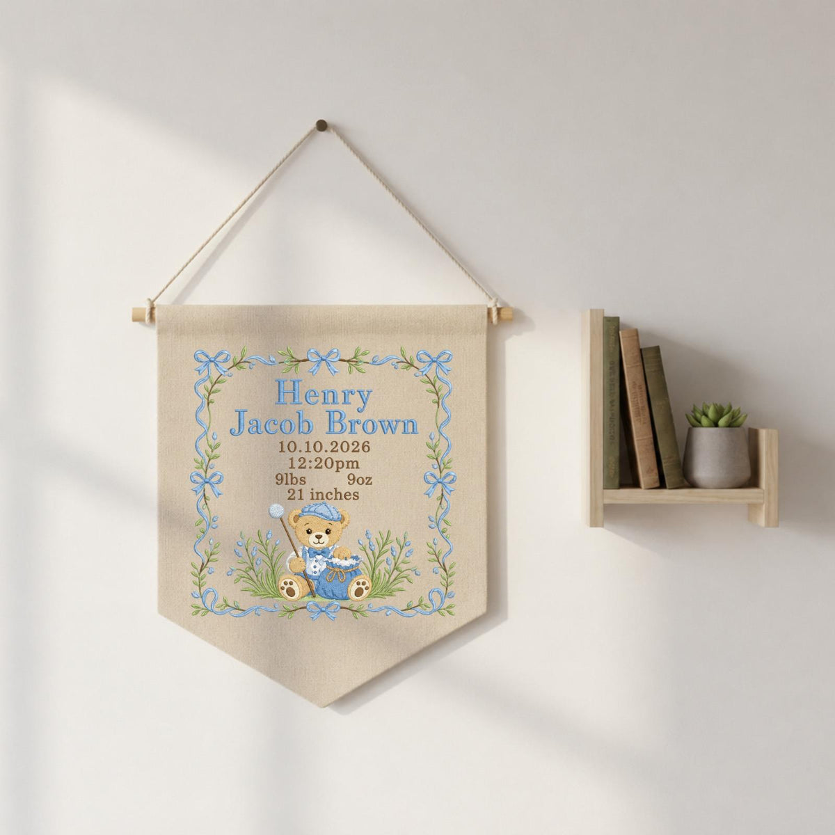 Personalized Teddy Bear Birth Announcement Embroidered Banner, Baby Boy Name Sign, Blue Nursery Wall Decor, Custom Newborn Keepsake Gift