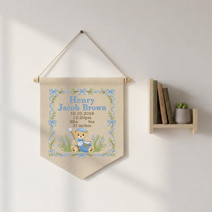 Personalized Teddy Bear Birth Announcement Embroidered Banner, Baby Boy Name Sign, Blue Nursery Wall Decor, Custom Newborn Keepsake Gift