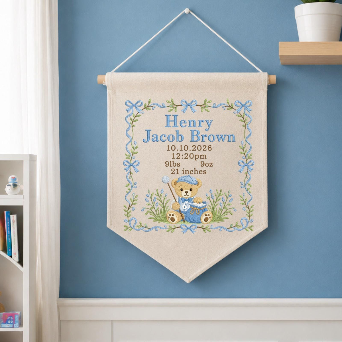 Personalized Teddy Bear Birth Announcement Embroidered Banner, Baby Boy Name Sign, Blue Nursery Wall Decor, Custom Newborn Keepsake Gift