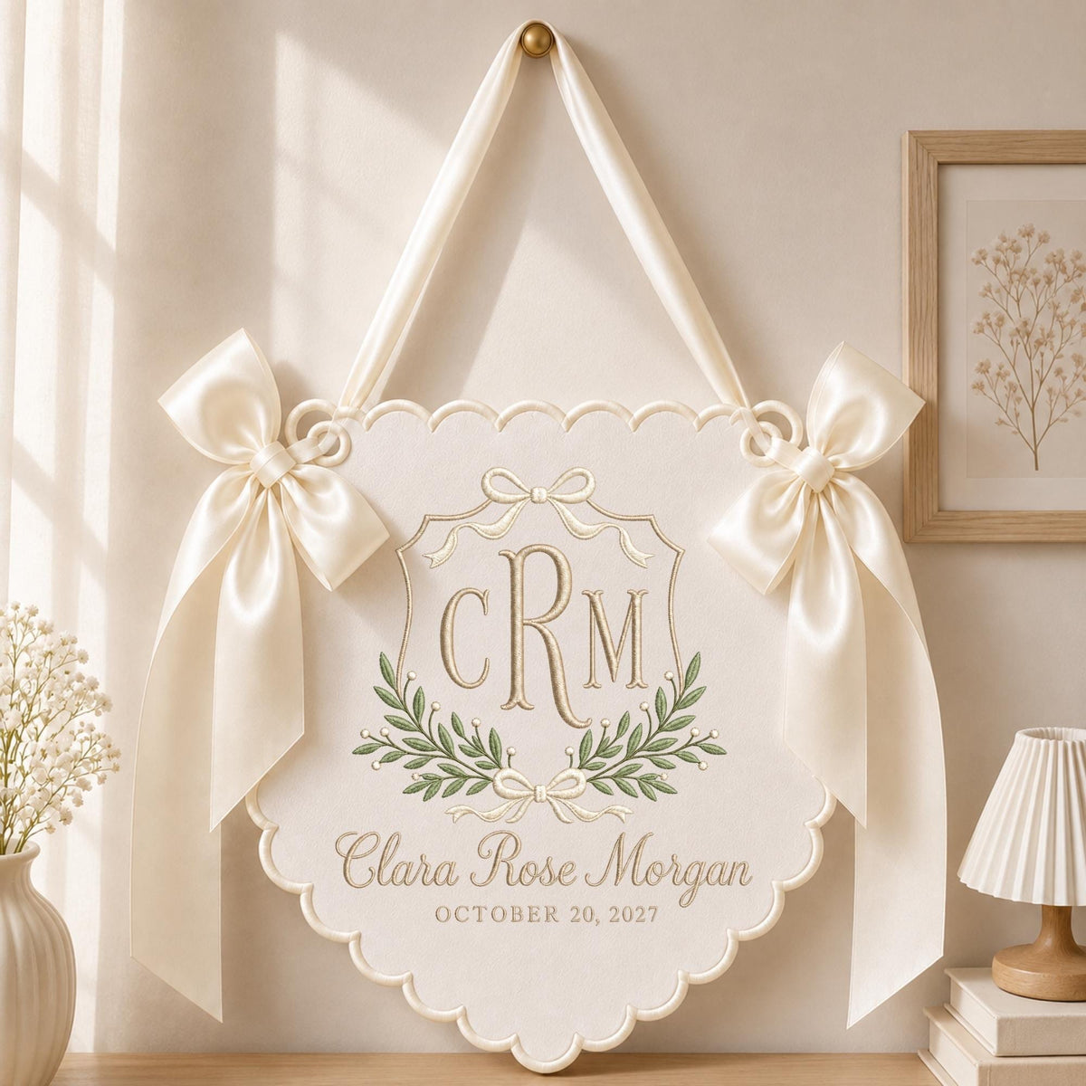 Ivory embroidered personalized name and monogram banner