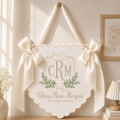 Ivory embroidered personalized name and monogram banner