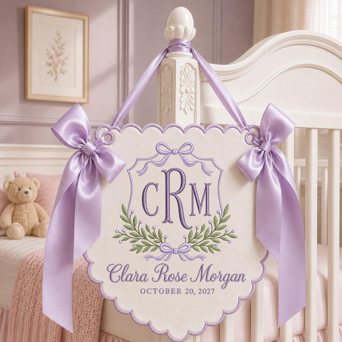 Lavender embroidered personalized name and monogram banner