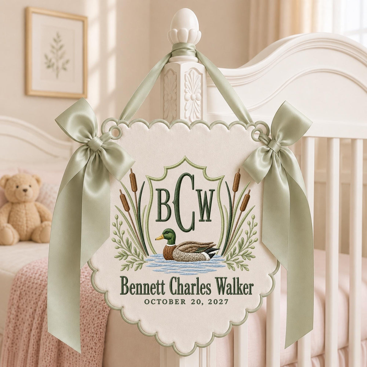 Sage green embroidered mallard duck monogram baby banner
