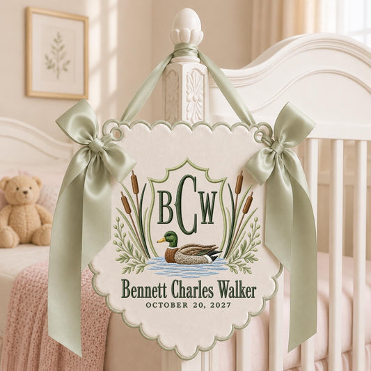 Sage green embroidered mallard duck monogram baby banner