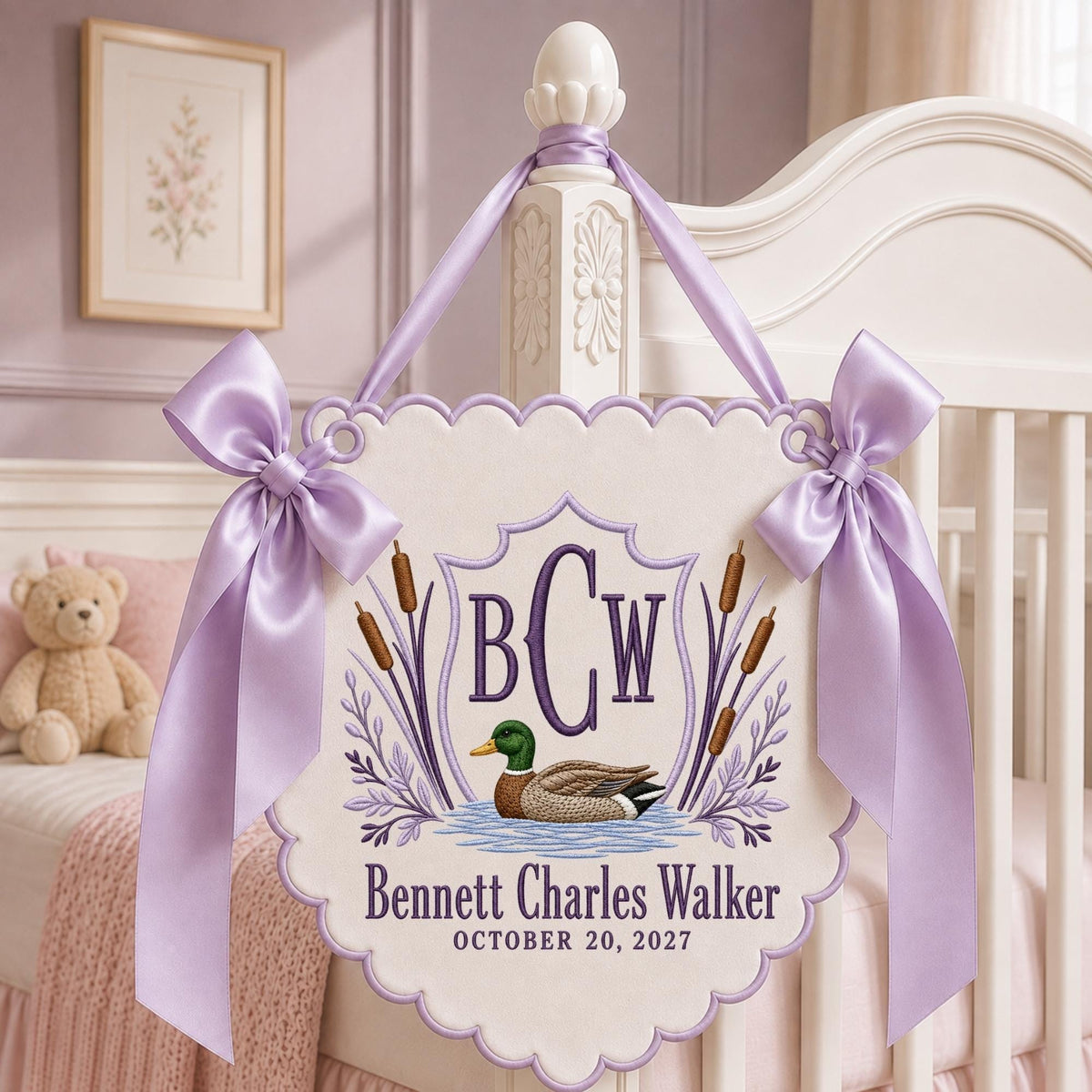 Lavender embroidered mallard duck monogram baby banner
