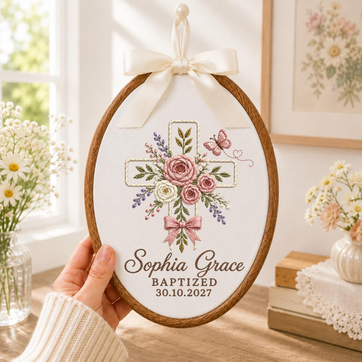 Personalized Baptism Cross Embroidered Ornament, Custom Baby Name Christening Keepsake, Floral Christian Gift, Baptized Baby Girl Decor