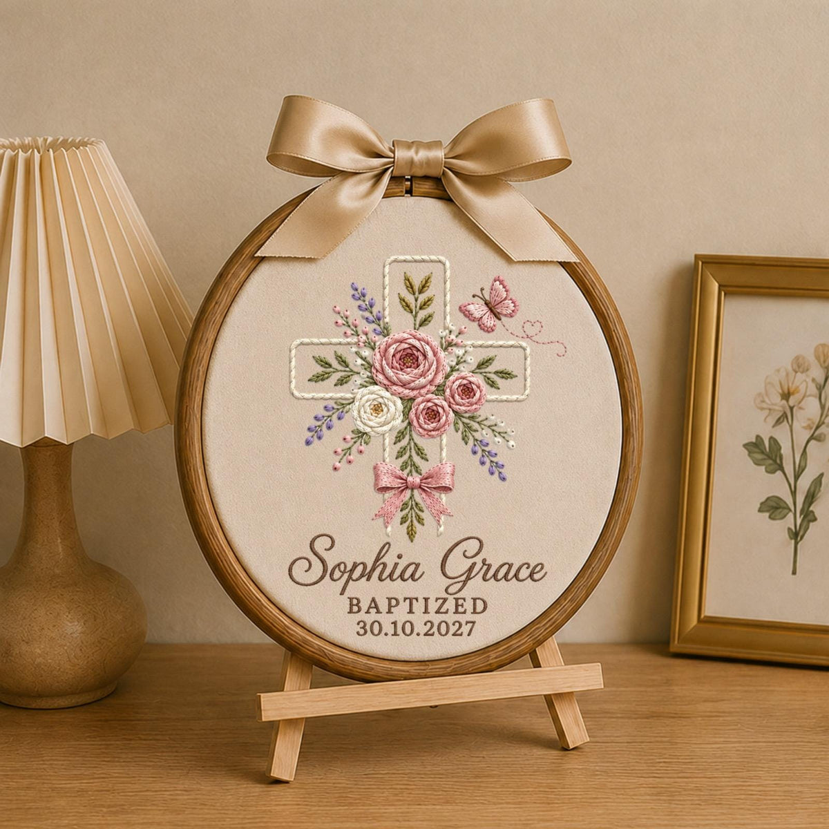 Personalized Baptism Cross Embroidered Ornament, Custom Baby Name Christening Keepsake, Floral Christian Gift, Baptized Baby Girl Decor