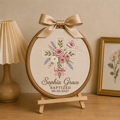 Personalized Baptism Cross Embroidered Ornament, Custom Baby Name Christening Keepsake, Floral Christian Gift, Baptized Baby Girl Decor