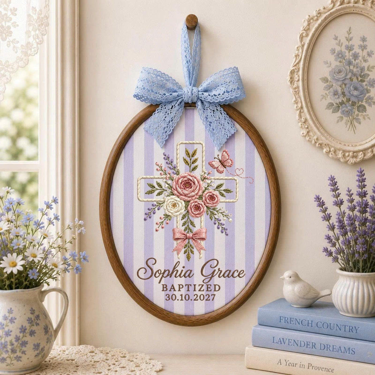 Personalized Baptism Cross Embroidered Ornament, Custom Baby Name Christening Keepsake, Floral Christian Gift, Baptized Baby Girl Decor