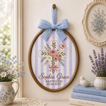 Personalized Baptism Cross Embroidered Ornament, Custom Baby Name Christening Keepsake, Floral Christian Gift, Baptized Baby Girl Decor