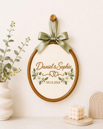 Personalized Wedding Embroidered Ornament, Custom Couple Name Hoop, Wedding Date Keepsake, Floral Anniversary Gift, Newlywed Ornament