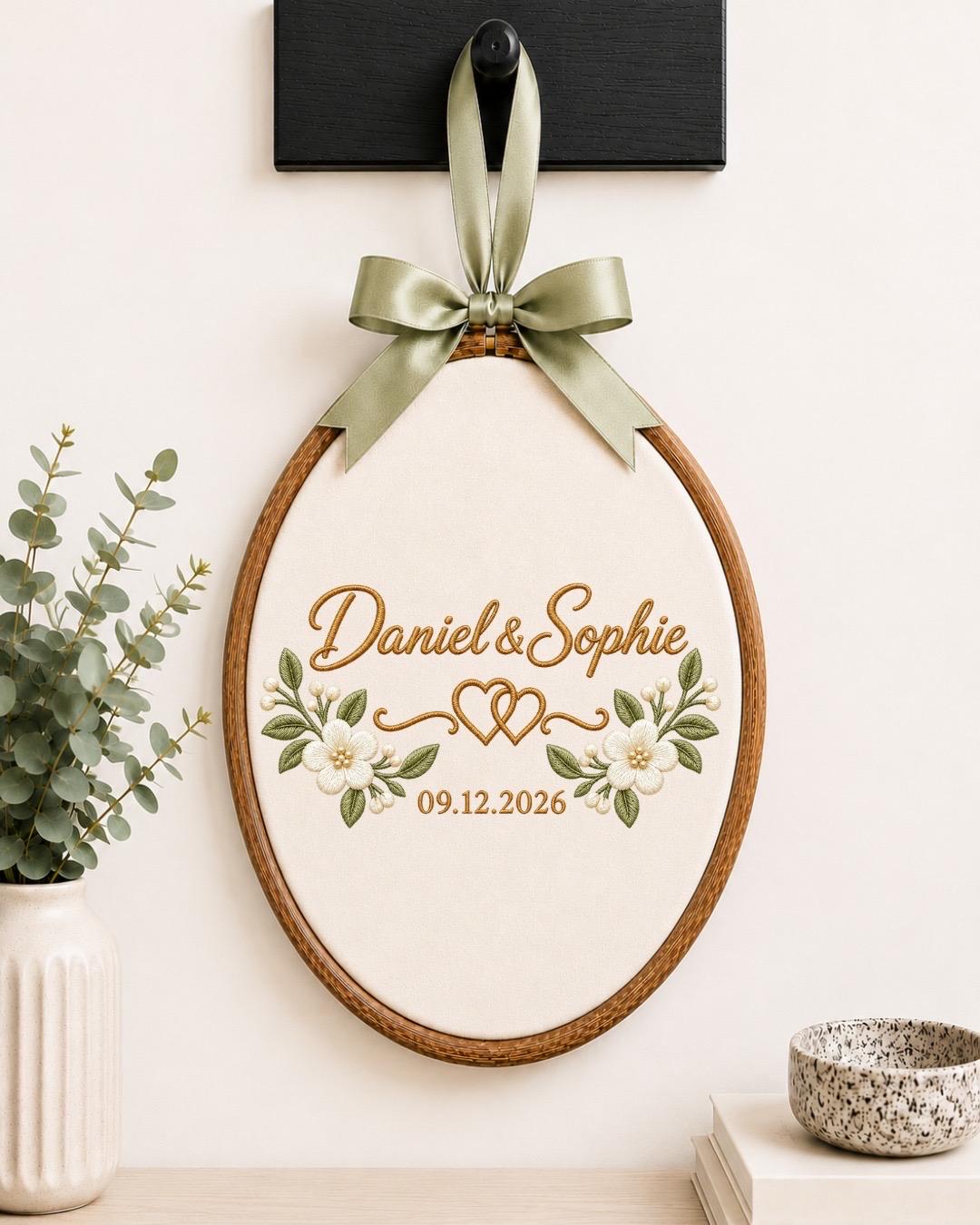 Personalized Wedding Embroidered Ornament, Custom Couple Name Hoop, Wedding Date Keepsake, Floral Anniversary Gift, Newlywed Ornament