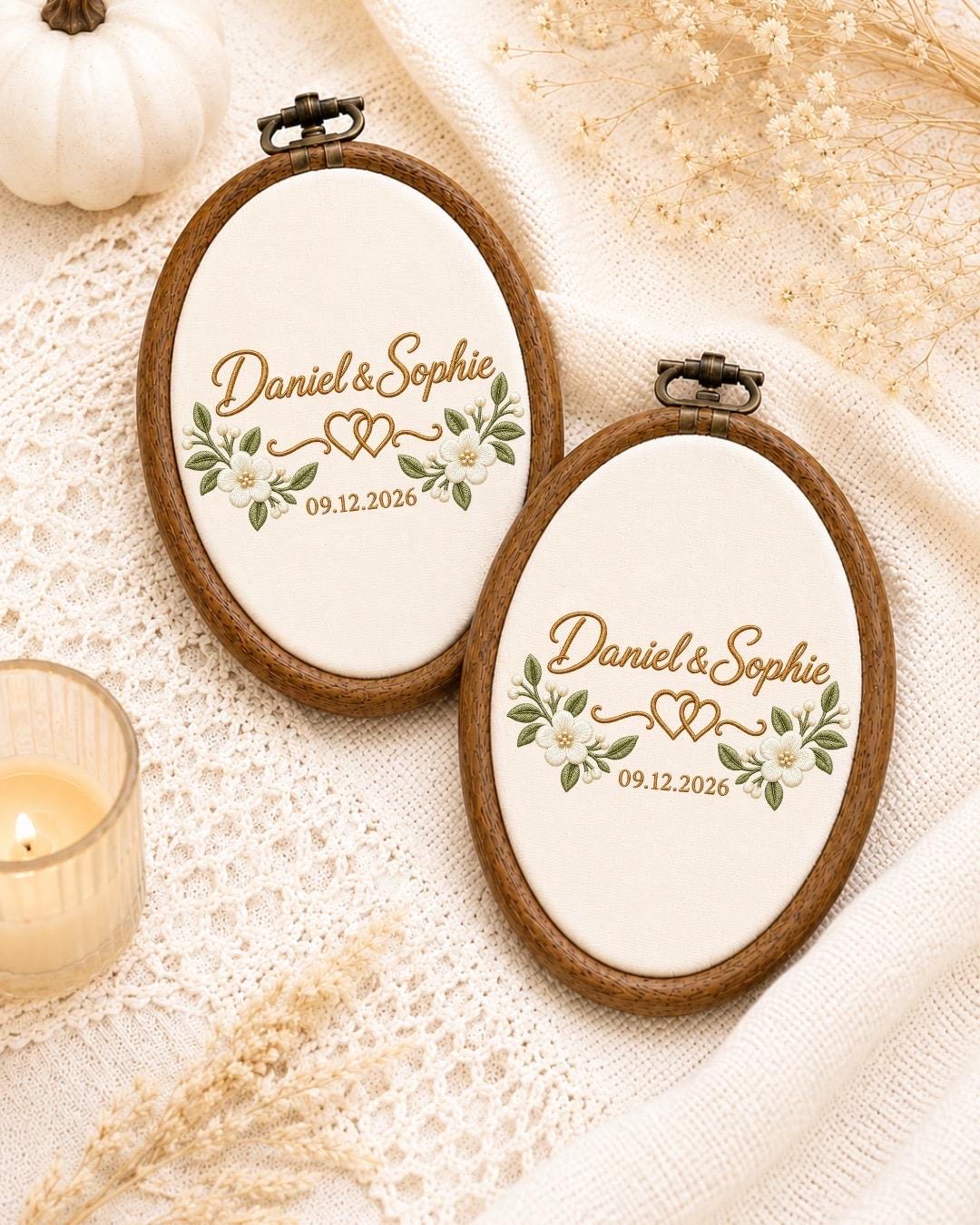 Personalized Wedding Embroidered Ornament, Custom Couple Name Hoop, Wedding Date Keepsake, Floral Anniversary Gift, Newlywed Ornament