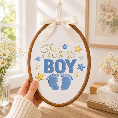 Personalized Baby Boy Embroidered Ornament, It’s a Boy Pregnancy Announcement, Baby Footprint Keepsake, Gender Reveal Gift, Newborn Decor