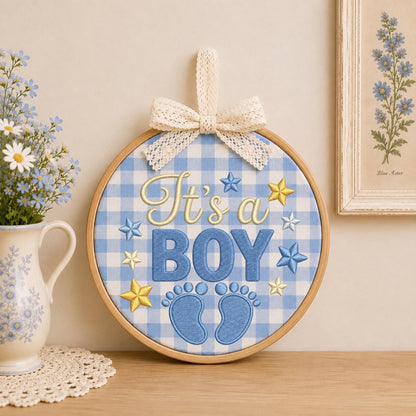 Personalized Baby Boy Embroidered Ornament, It’s a Boy Pregnancy Announcement, Baby Footprint Keepsake, Gender Reveal Gift, Newborn Decor
