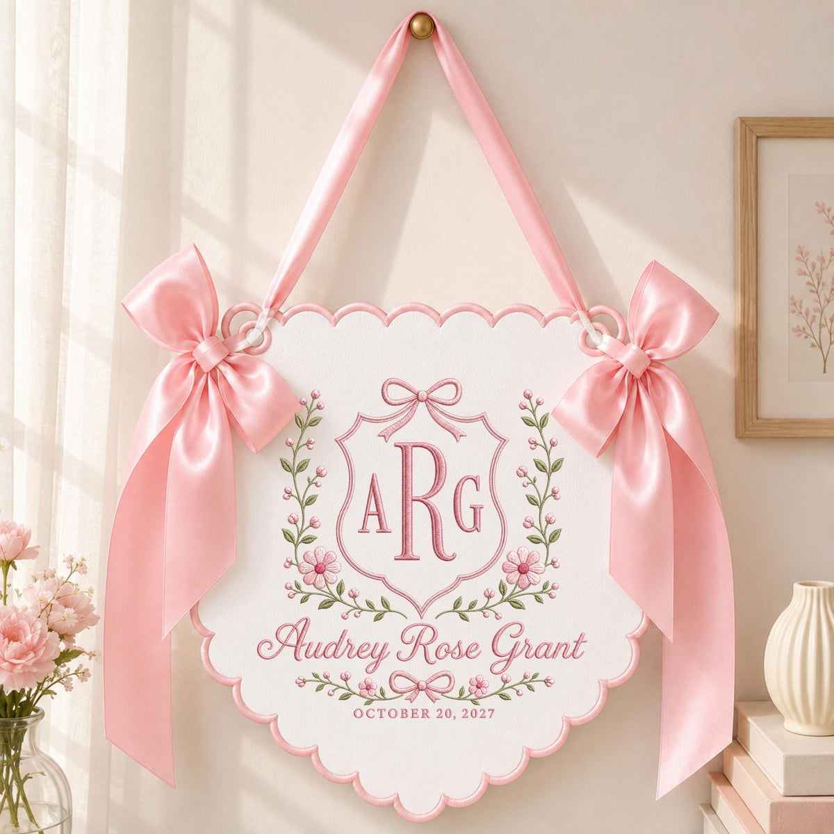 Baby pink embroidered floral crest monogram baby banner