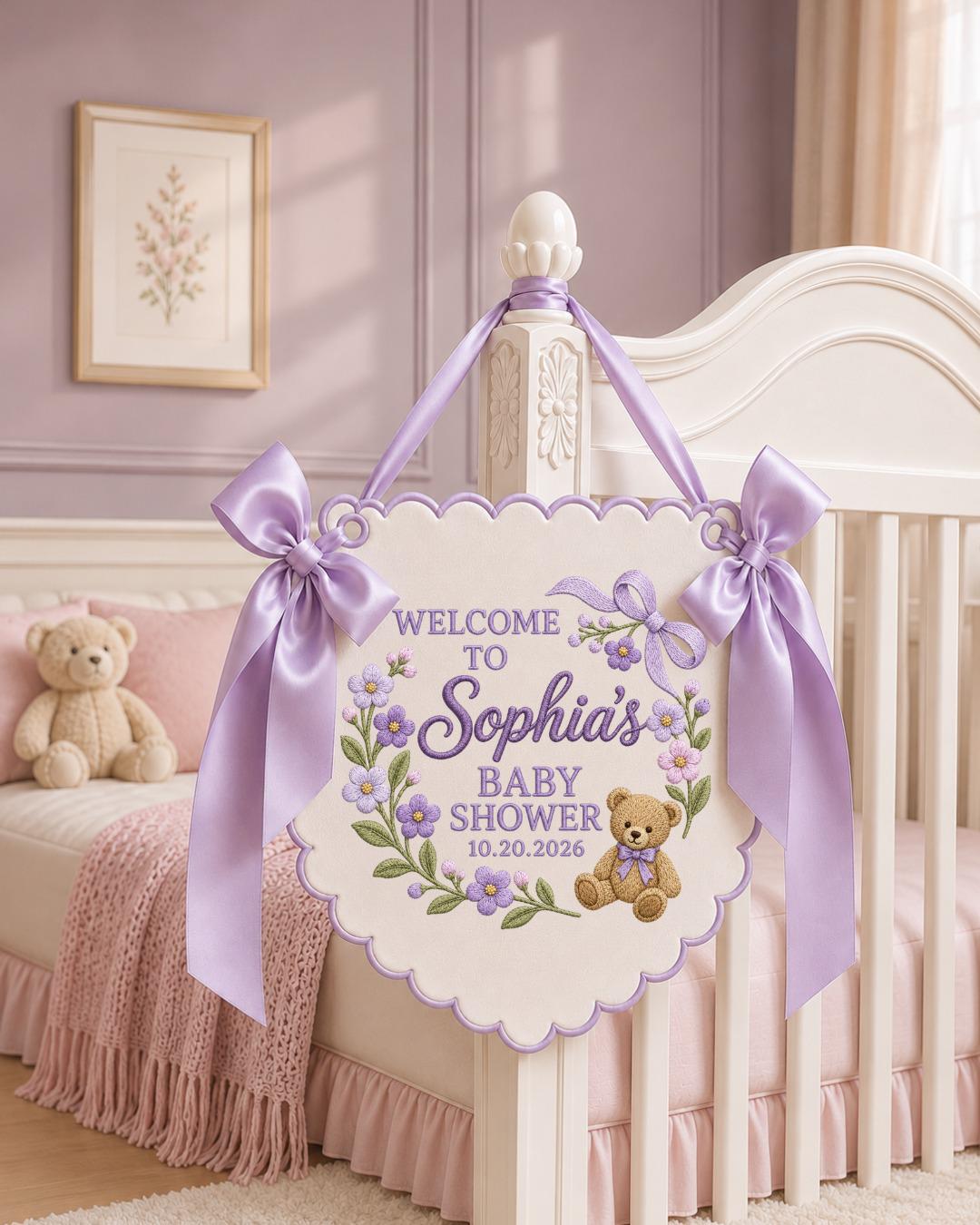Personalized Embroidered Baby Shower Banner, Custom Welcome Baby Shower Sign, Floral Teddy Bear Decor, Baby Girl Party Wall Hanging