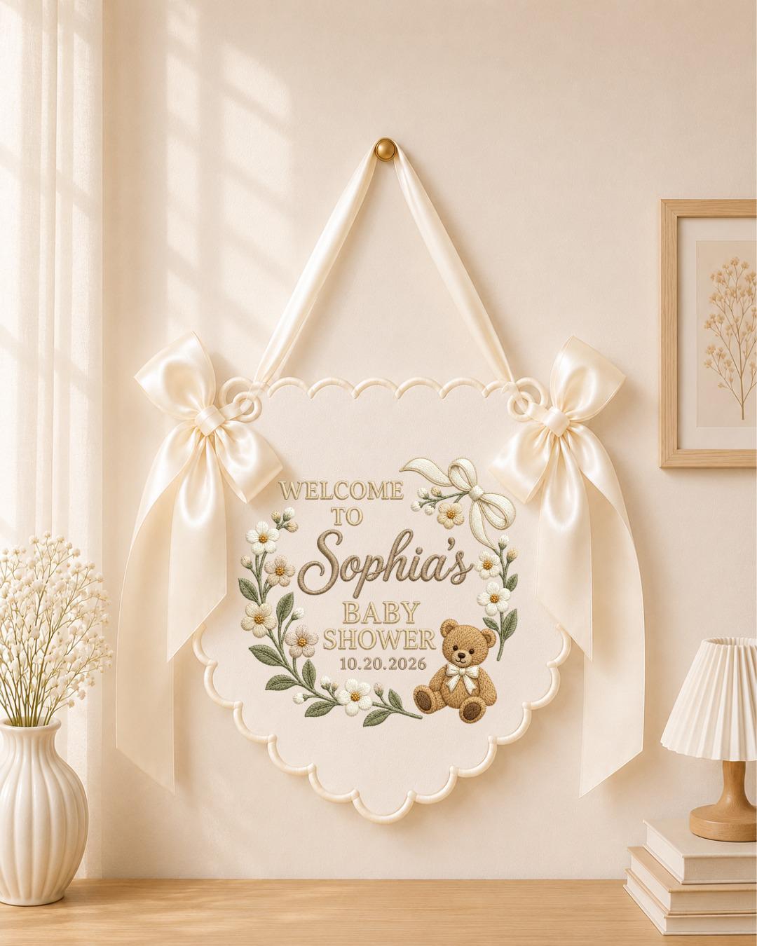 Personalized Embroidered Baby Shower Banner, Custom Welcome Baby Shower Sign, Floral Teddy Bear Decor, Baby Girl Party Wall Hanging