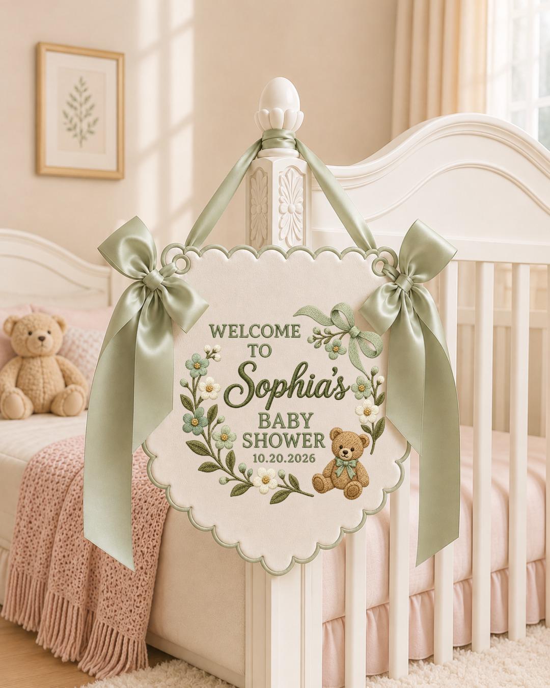Personalized Embroidered Baby Shower Banner, Custom Welcome Baby Shower Sign, Floral Teddy Bear Decor, Baby Girl Party Wall Hanging