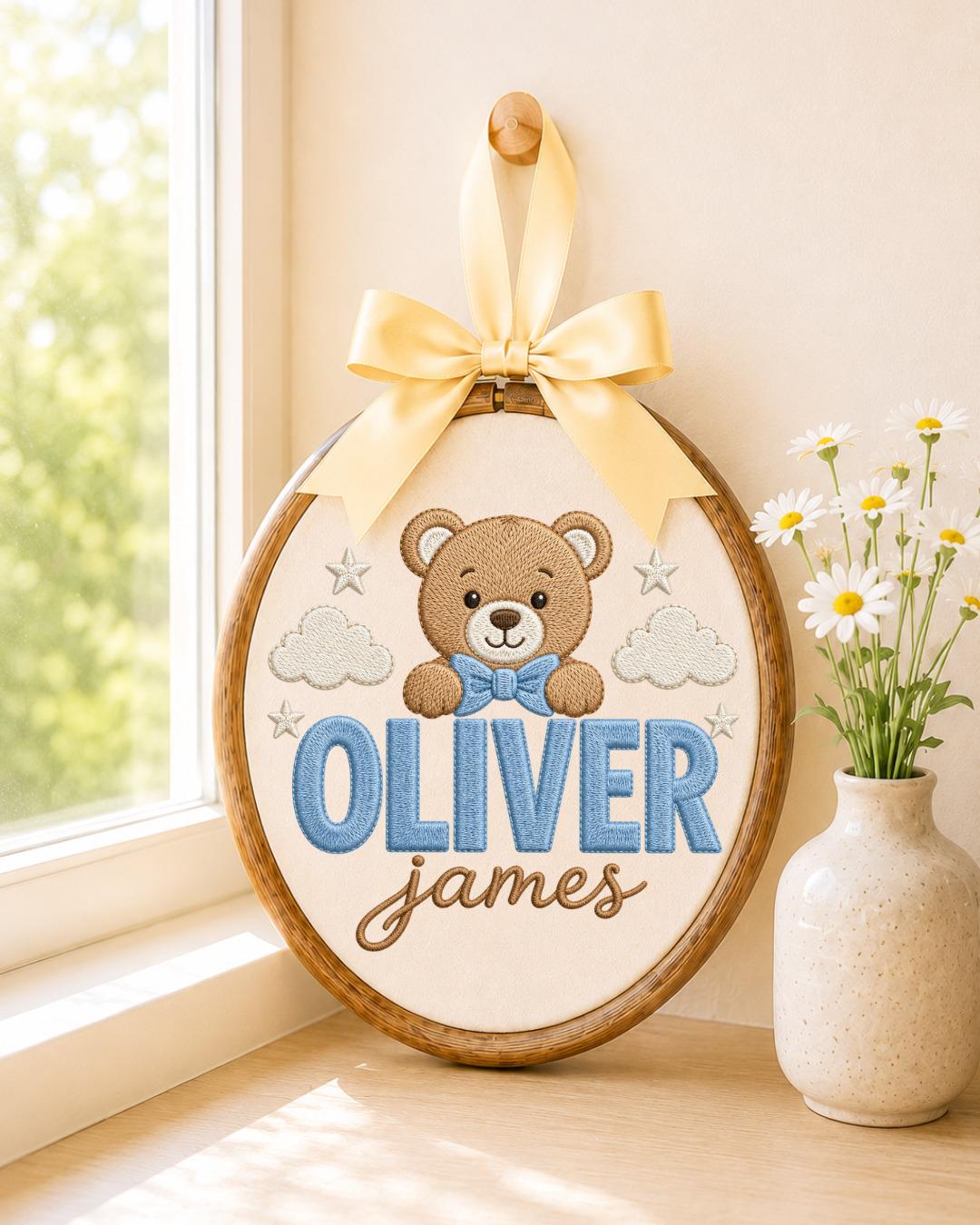 Personalized Teddy Bear Embroidered Ornament, Custom Baby Name Hoop, Baby Boy Nursery Decor, Newborn Keepsake, Baby Shower Gift