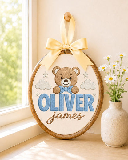 Personalized Teddy Bear Embroidered Ornament, Custom Baby Name Hoop, Baby Boy Nursery Decor, Newborn Keepsake, Baby Shower Gift