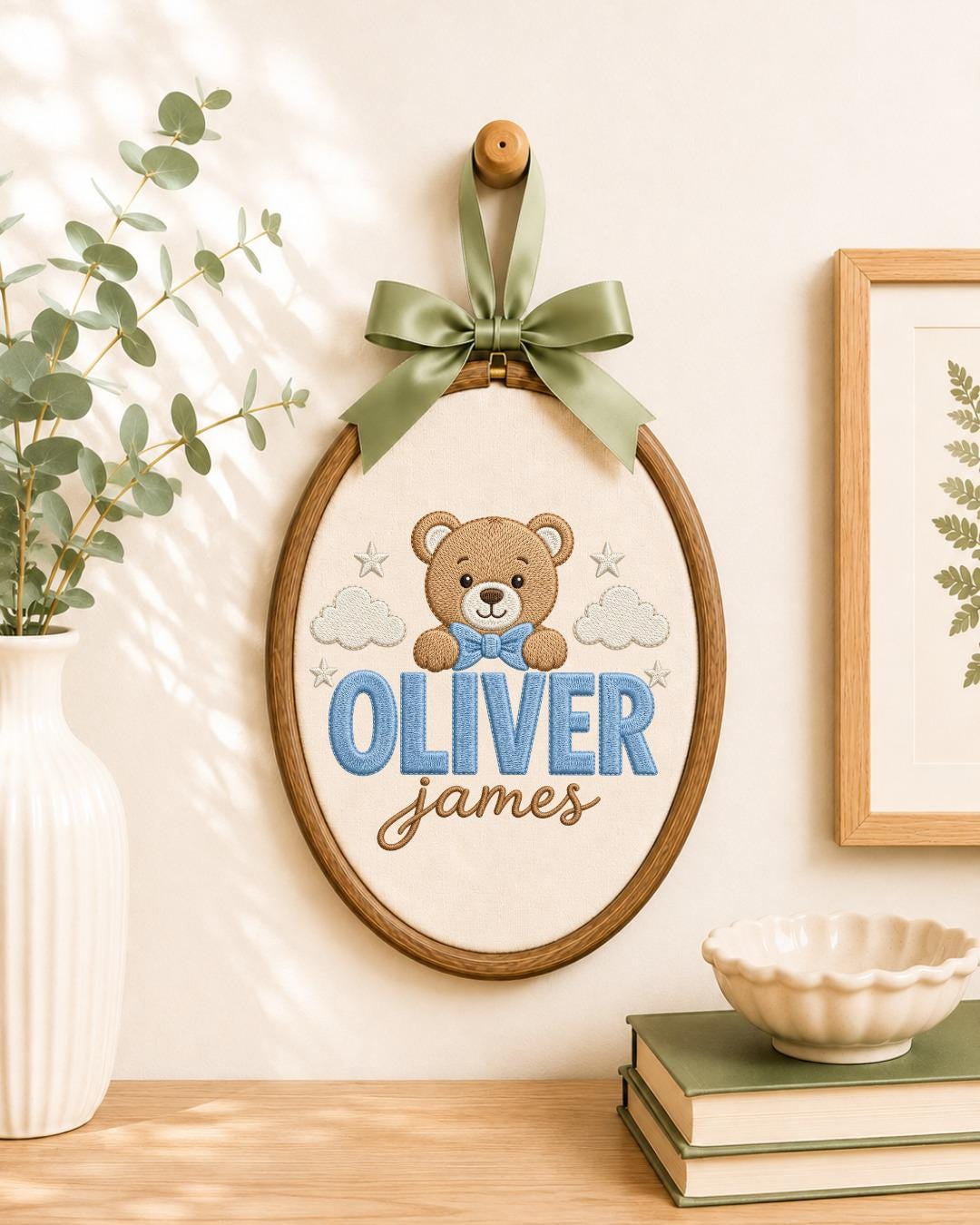 Personalized Teddy Bear Embroidered Ornament, Custom Baby Name Hoop, Baby Boy Nursery Decor, Newborn Keepsake, Baby Shower Gift