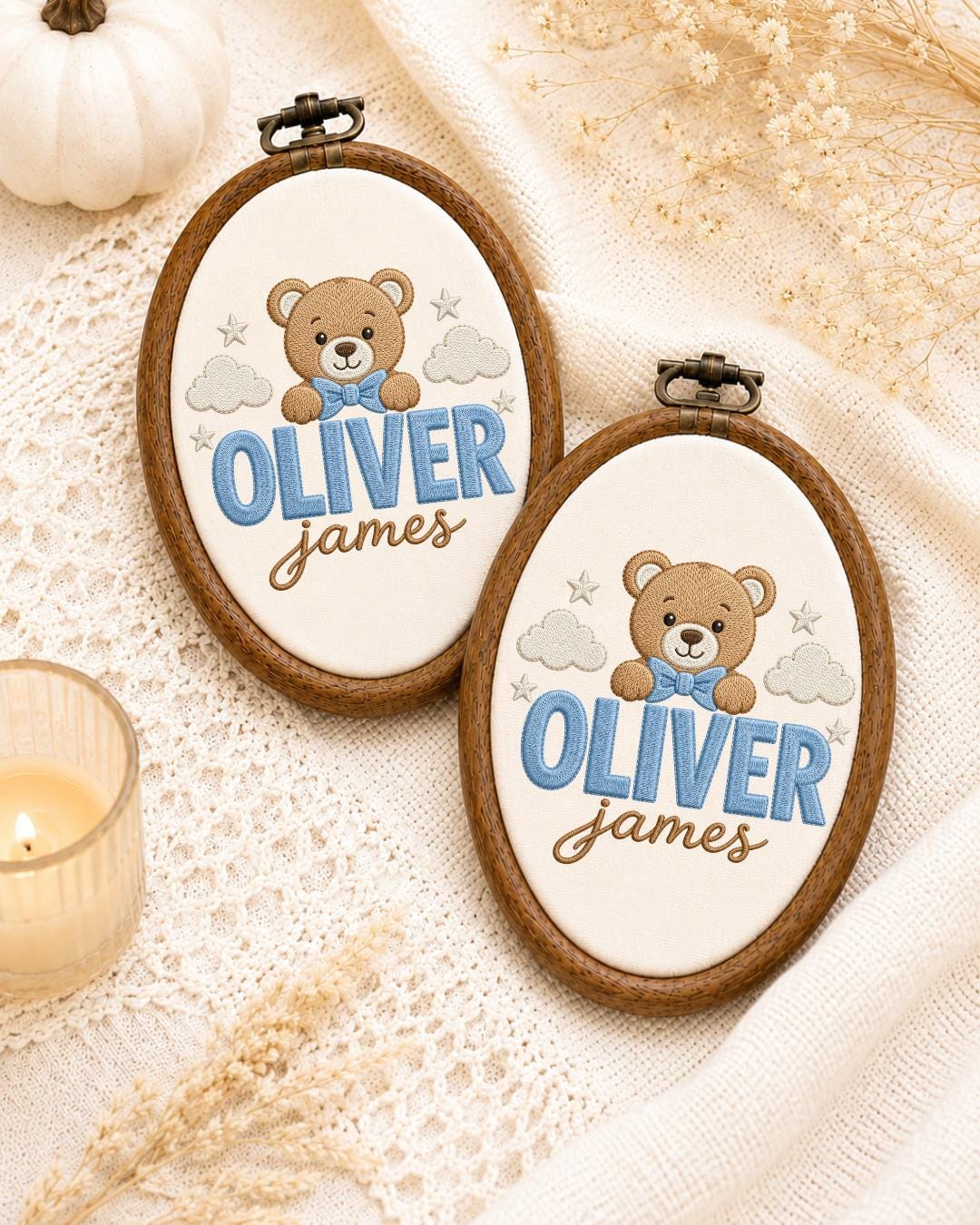 Personalized Teddy Bear Embroidered Ornament, Custom Baby Name Hoop, Baby Boy Nursery Decor, Newborn Keepsake, Baby Shower Gift