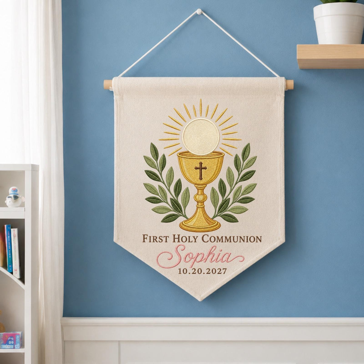 Personalized First Holy Communion Embroidered Wall Hanging Banner, Custom Name Catholic Gift, Eucharist Keepsake, Christian Religious Decor